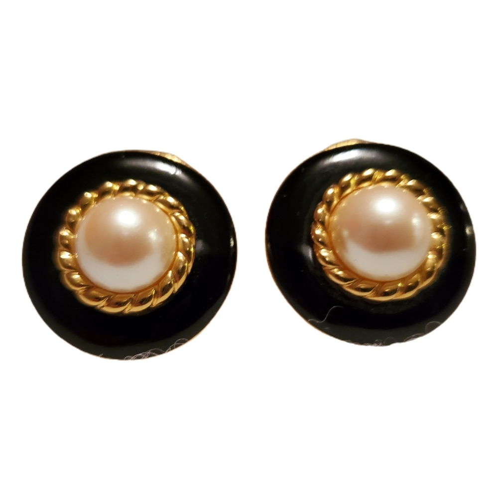 Vintage © Monet Women's Costume Earrings Black Faux Pearl Gold Birthday Gift